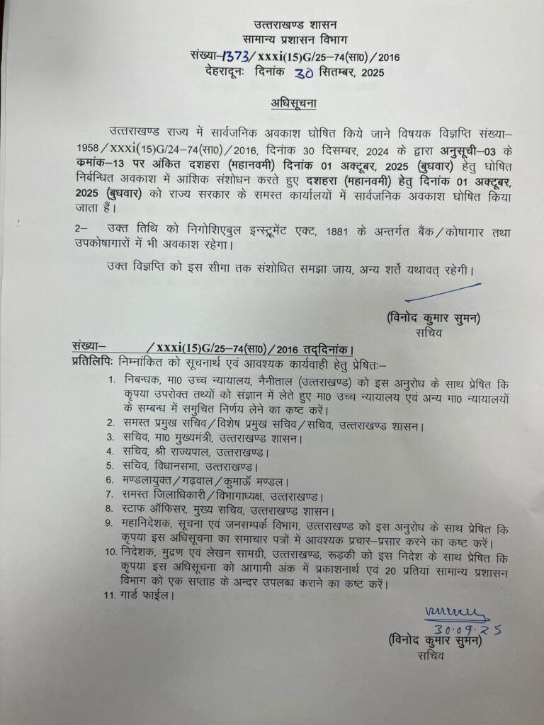 दशहरा पर अवकाश की अधिसूचना जारी।। 44